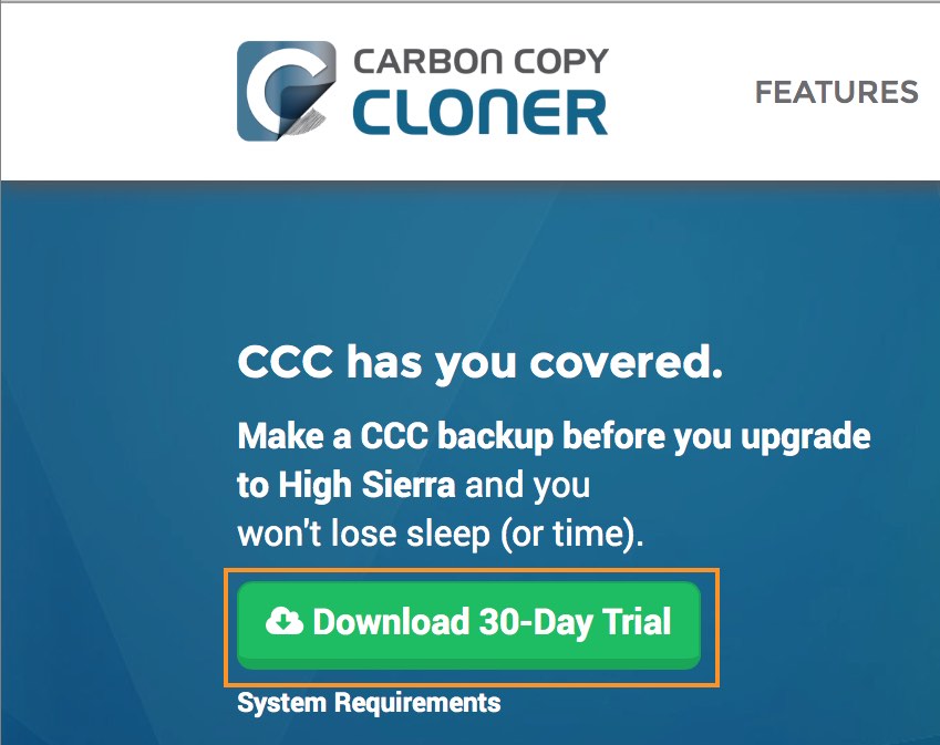 Gehen Sie auf bombich.com und laden Sie eine kostenlose, 30-tägige Testversion von Carbon Copy Cloner herunter.
