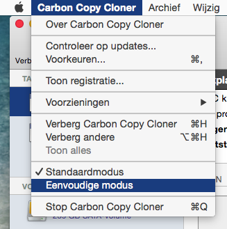 Schakel eenvoudige modus in via het menu van Carbon Copy Cloner
