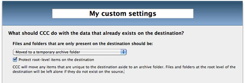Settings for handling files unique to the destination