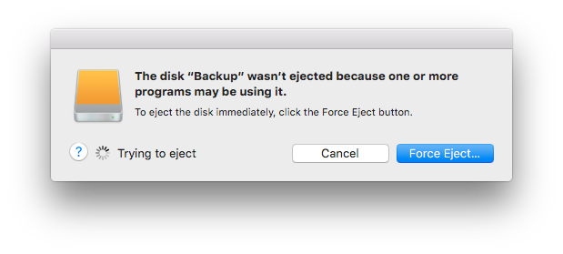 The disk Backup wasn't ejected because one or more programs may be using it.