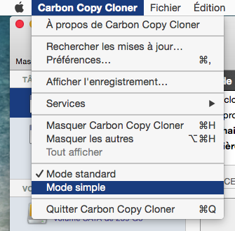 Activer le mode simple via le menu Carbon Copy Cloner