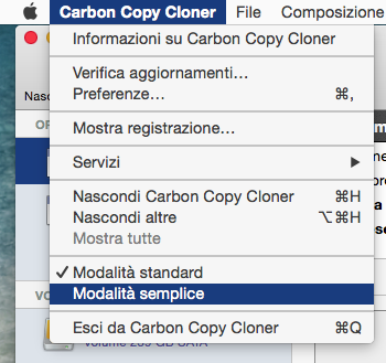 Abilita la modalità semplice tramite il menu Carbon Copy Cloner