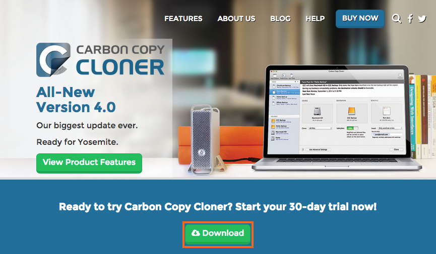 Visite bombich.com para descargar una prueba gratuita de 30 días de Carbon Copy Cloner