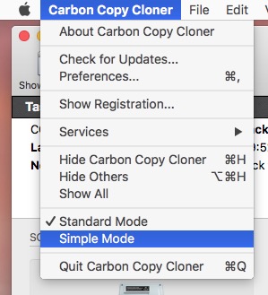 Enable simple mode via the Carbon Copy Cloner menu