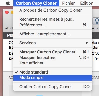 Activez le mode simple via le menu Carbon Copy Cloner