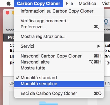 Abilita la modalità semplice tramite il menu Carbon Copy Cloner