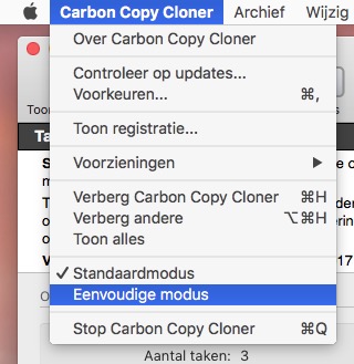 Schakel eenvoudige modus in via het menu van Carbon Copy Cloner