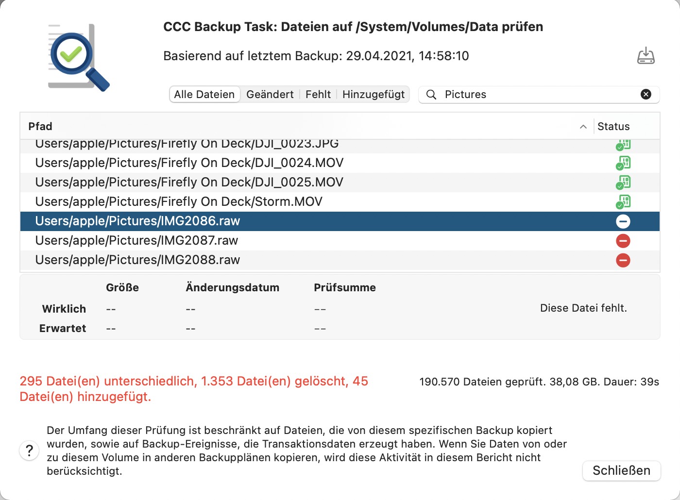 Von CCC kopierte Dateien prüfen