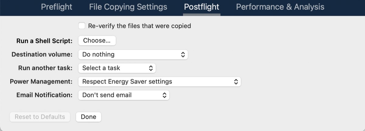 Advanced settings postflight options
