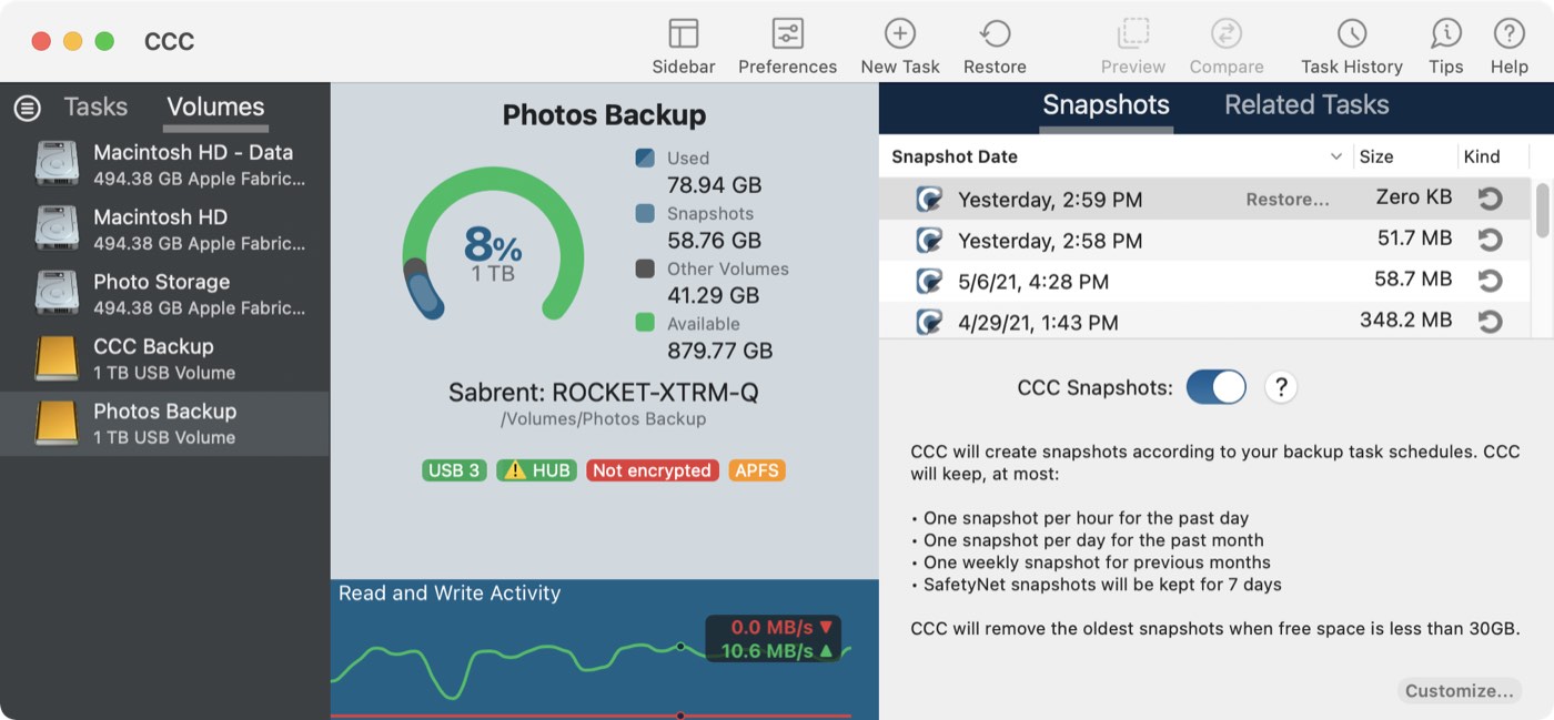 Toggling snapshots and setting a retention policy