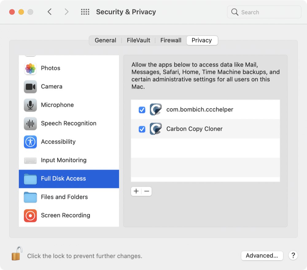 Add com.bombich.ccchelper to the Full Disk Access category