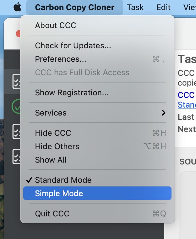 Enable simple mode via the Carbon Copy Cloner menu