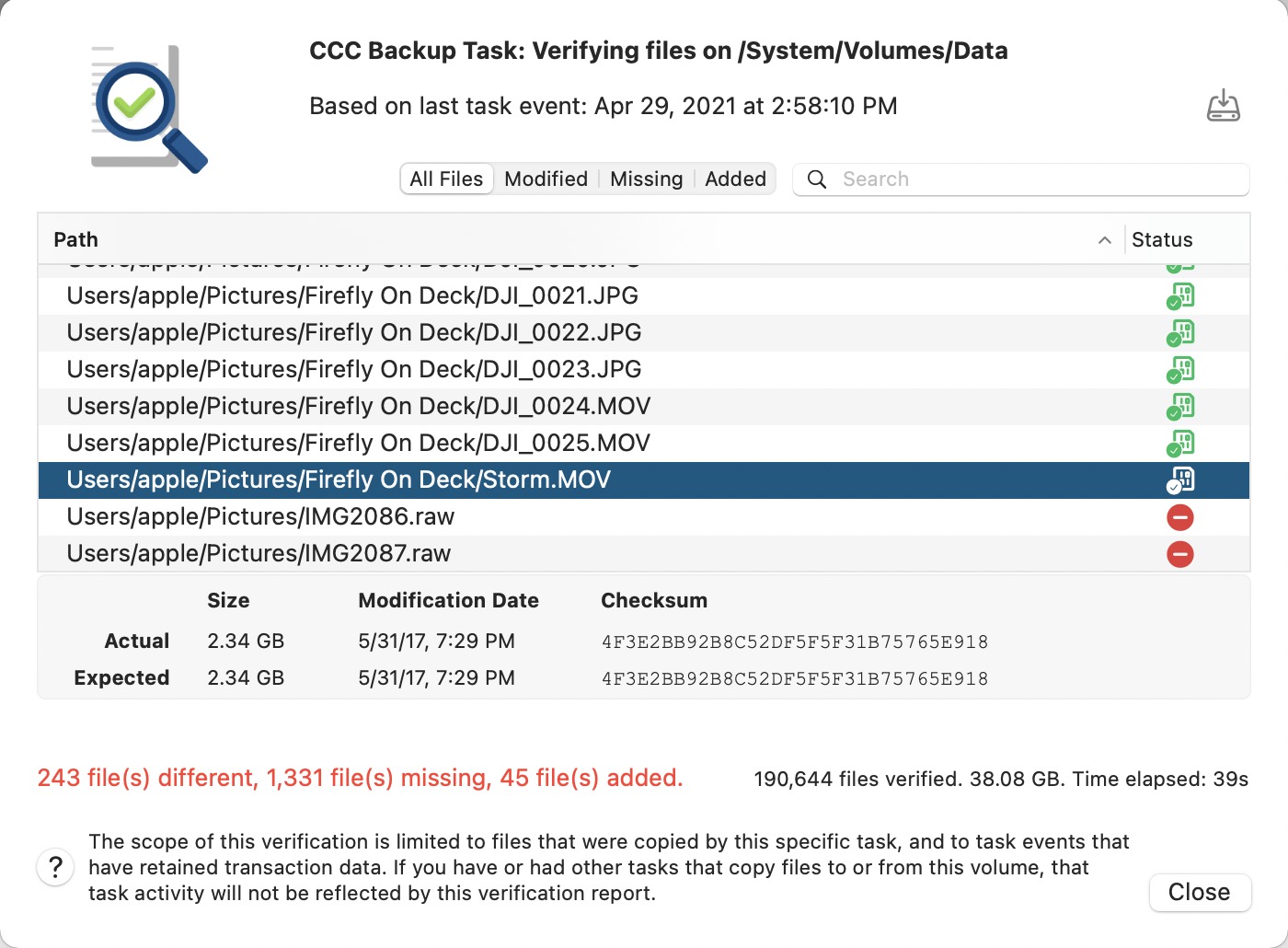 Verify files copied by CCC