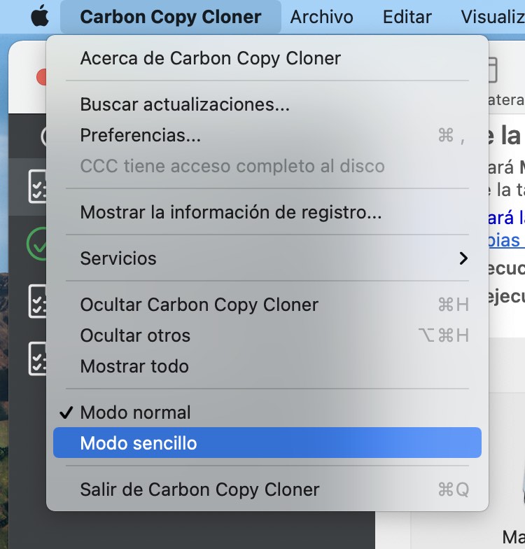 Active el Modo sencillo desde el menú de Carbon Copy Cloner