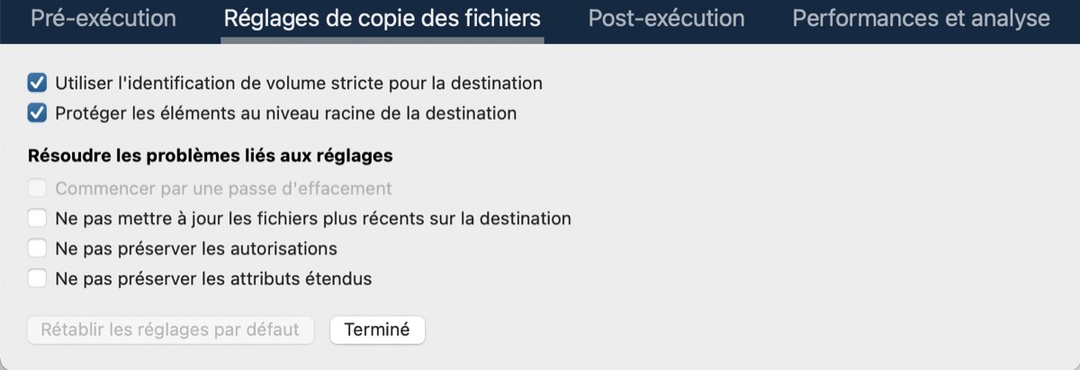 Réglages de copie de fichiers disponibles dans les réglages avancés