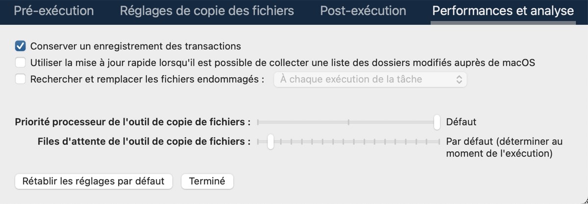 Options relatives aux performances et à l'analyse disponibles dans les réglages avancés