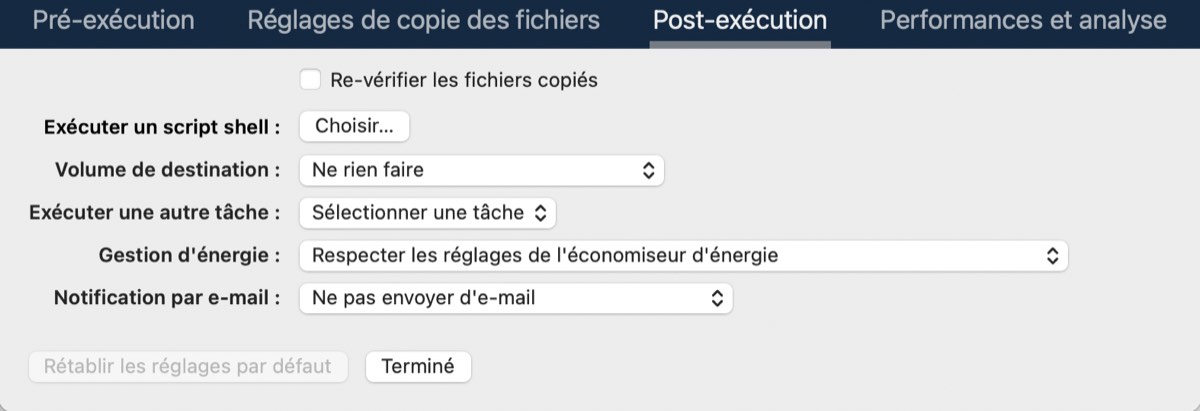 Options de post-exécution disponibles dans les réglages avancés