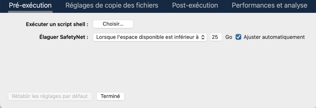 Options de pré-exécution disponibles dans les réglages avancés