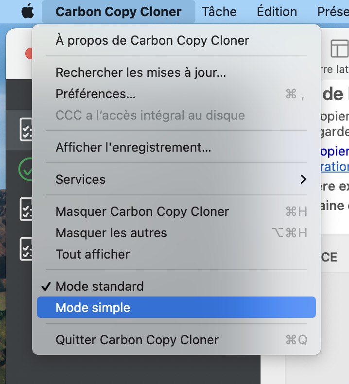 Activez le mode simple via le menu Carbon Copy Cloner